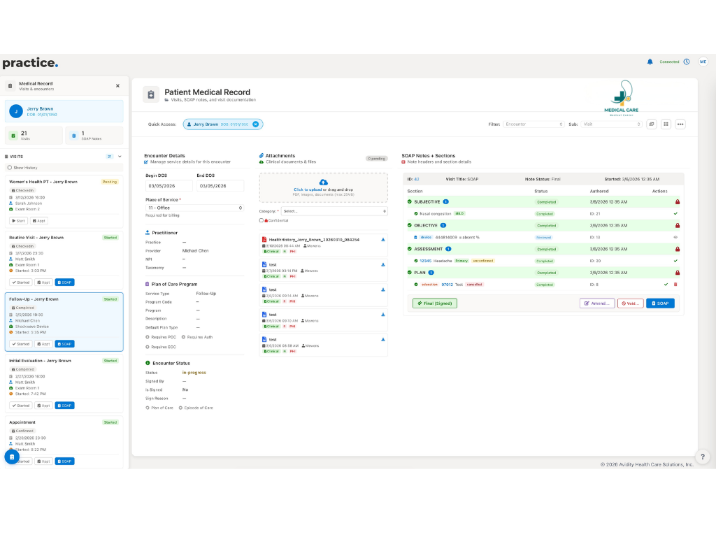 The Practice HI clinical documentation view