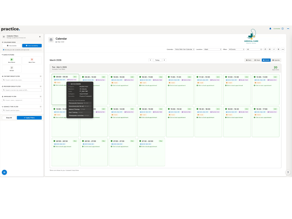 The Practice HI scheduling view